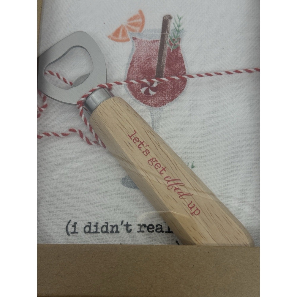 NWT Mud Pie Christmas Kitchen Towel & Bottle Opener 2 Piece Set Elfed Up #33 - Picture 3 of 5